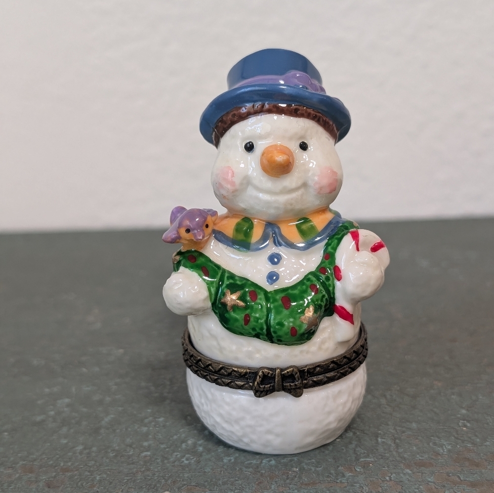 Vintage Kurt S. Adler Porcelain Hinged Trinket Box Snowman w/ Purple Bird 3.25"